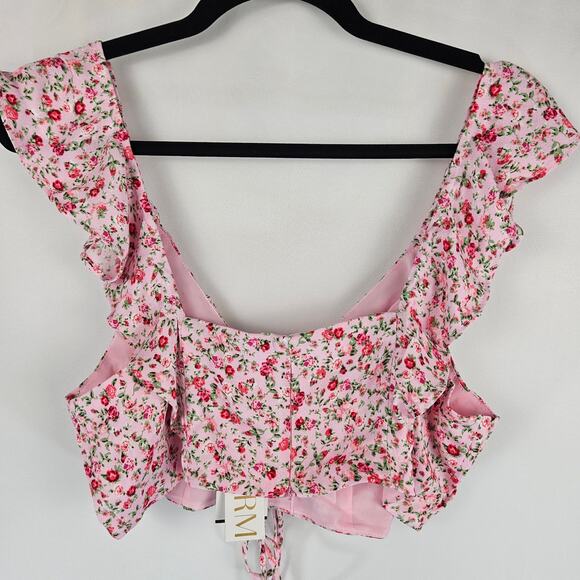NWT AFRM Sienna Pastel Pink Floral Ruffle Cap Sleeve Adjustable Strap Crop Top L - Picture 5 of 12